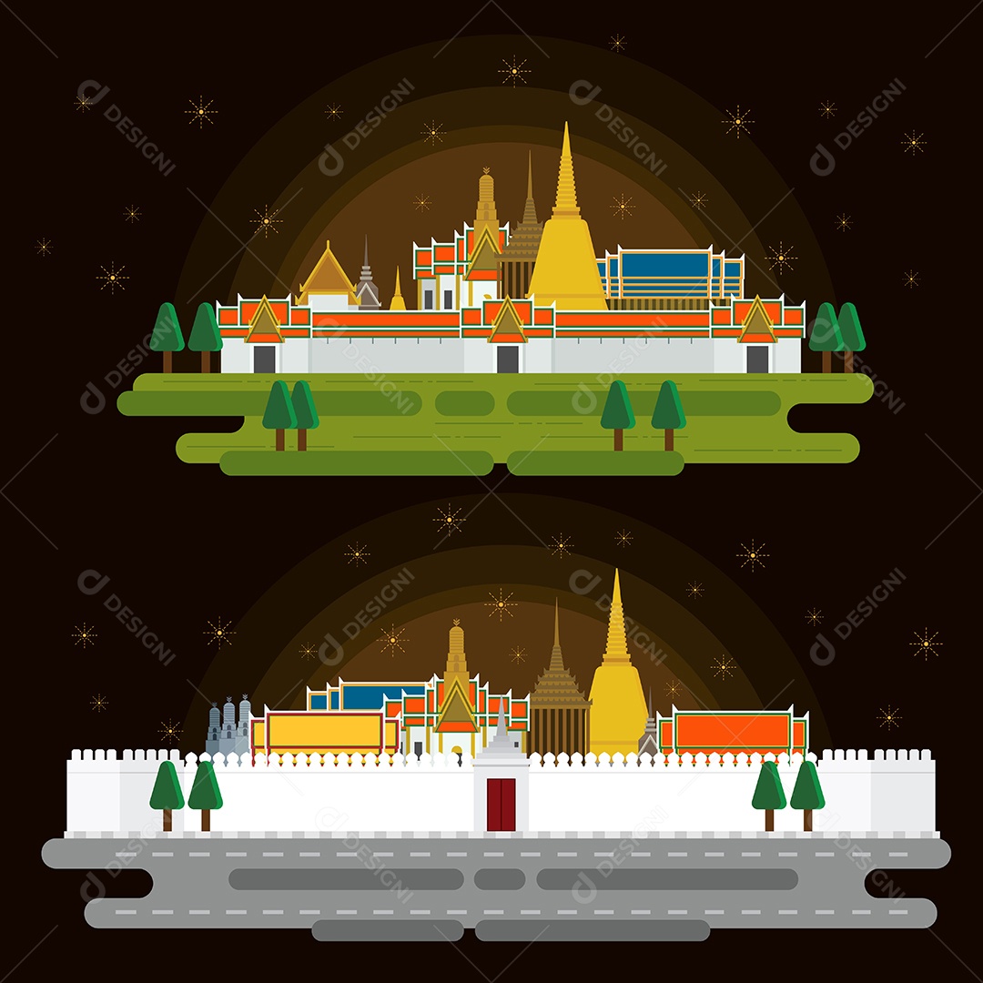o Grande Palácio, Em Bangkok Viagem Noturna e Ilustração Vetor EPS