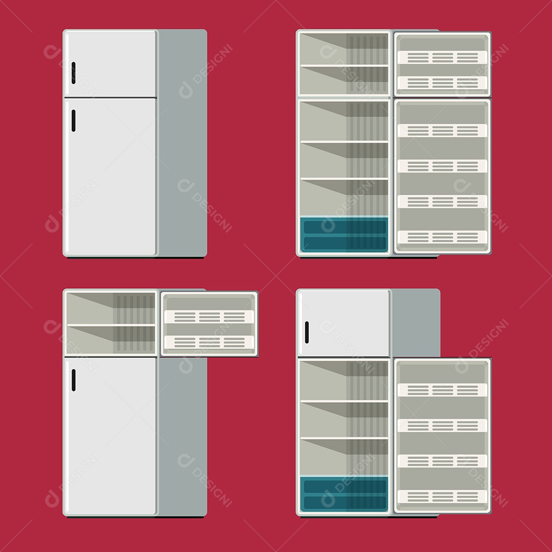 Geladeira Fechada e Aberta Ícone de Conjunto Em Fundo Vermelho Vetor EPS