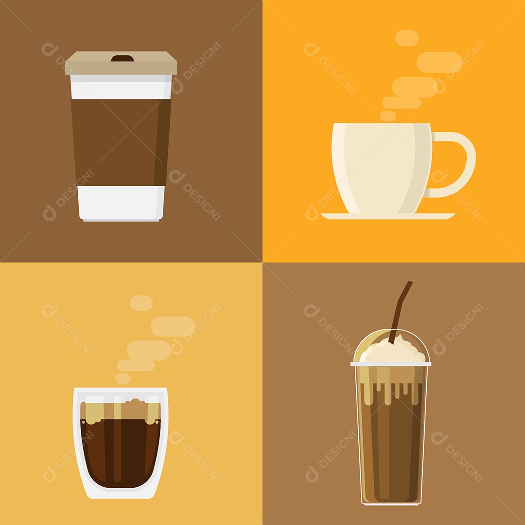 Os ícones da bebida da xícara de café definem elementos no fundo Vetor EPS