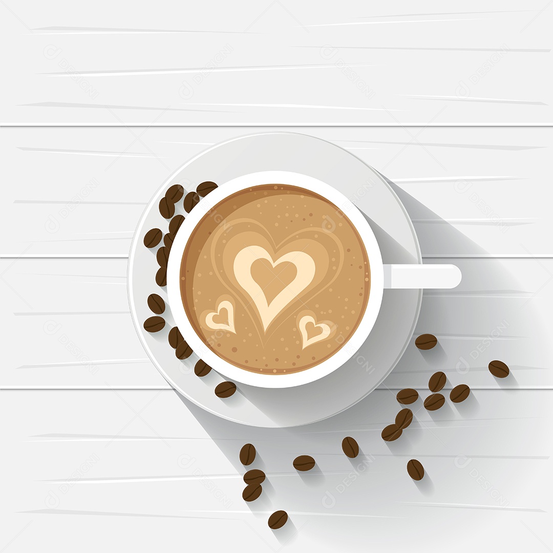 Vista superior da xícara de café corações com leite em cima e grãos de café em branco Vetor EPS