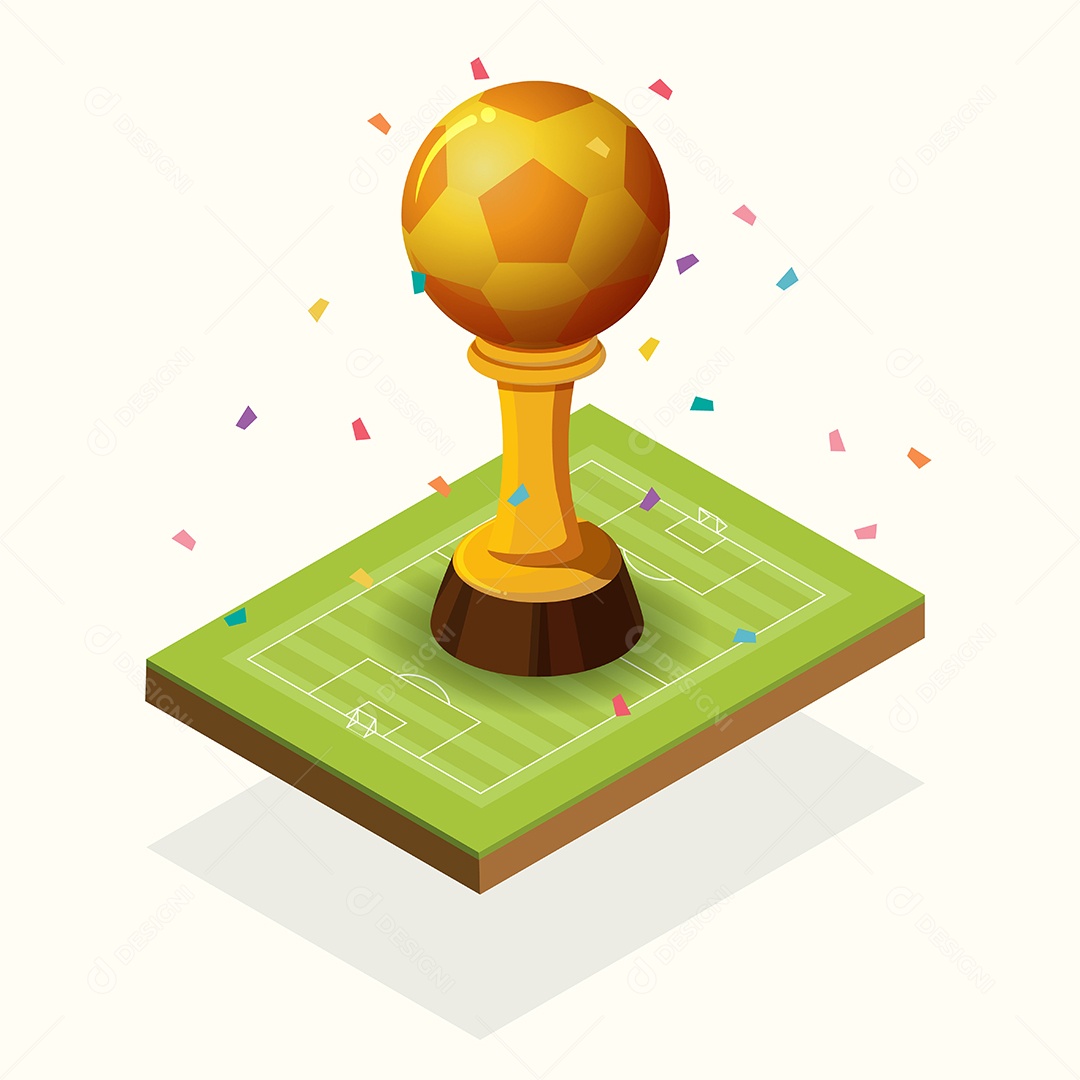 Troféu futebol de ouro e campo isométrico Ilustração Vetor EPS