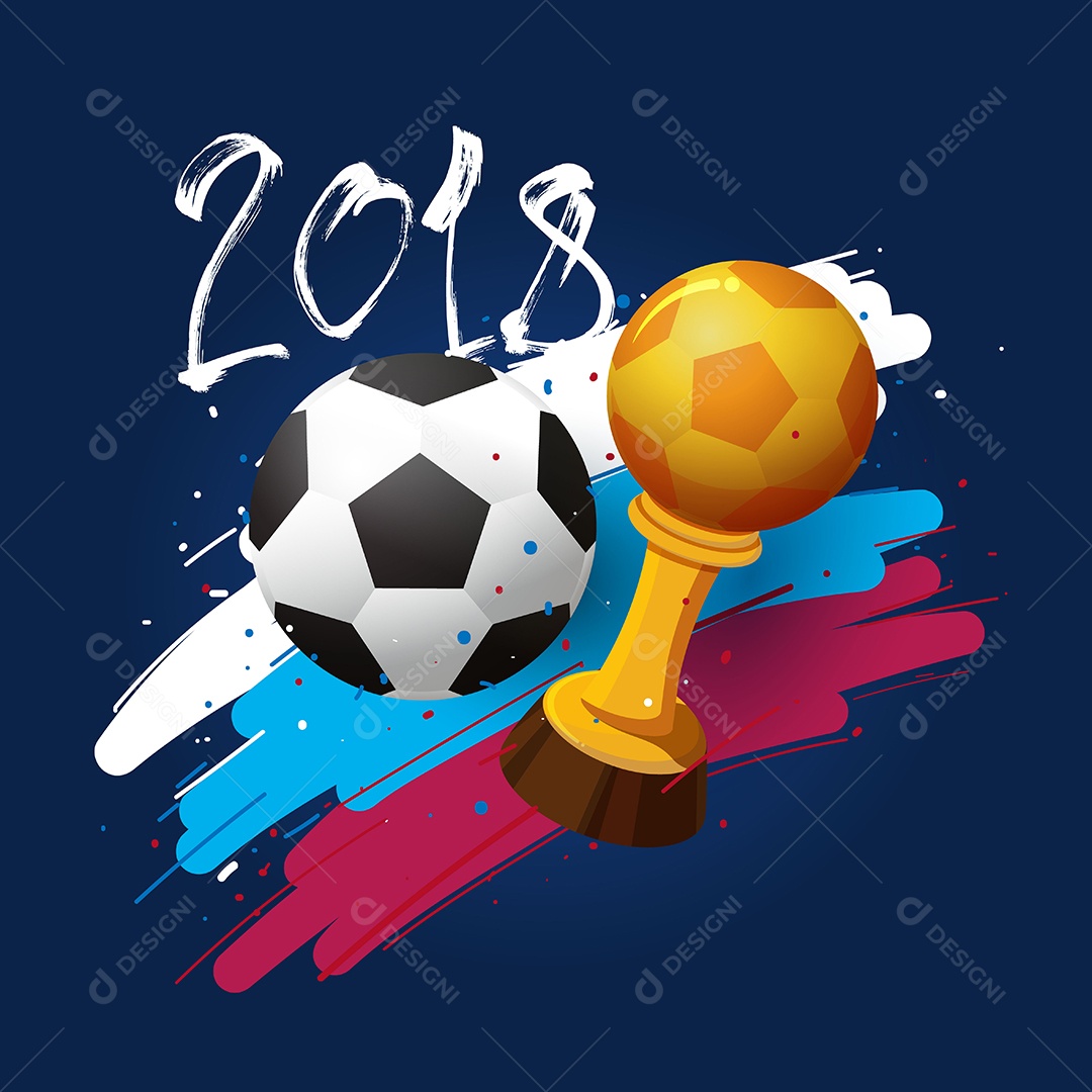 Bola de futebol de futebol 2018 e troféu dourado com três cores de bandeira de fundo Ilustração Vetor EPS