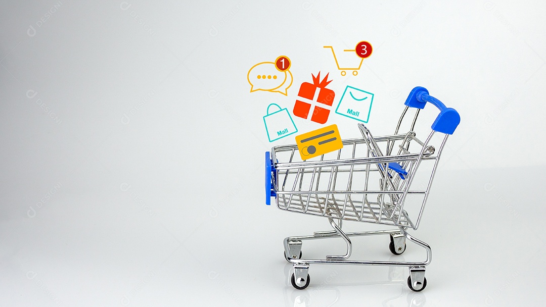 Carrinho de compras em fundo branco com ícone de compras. conceito de compras. comprar online.