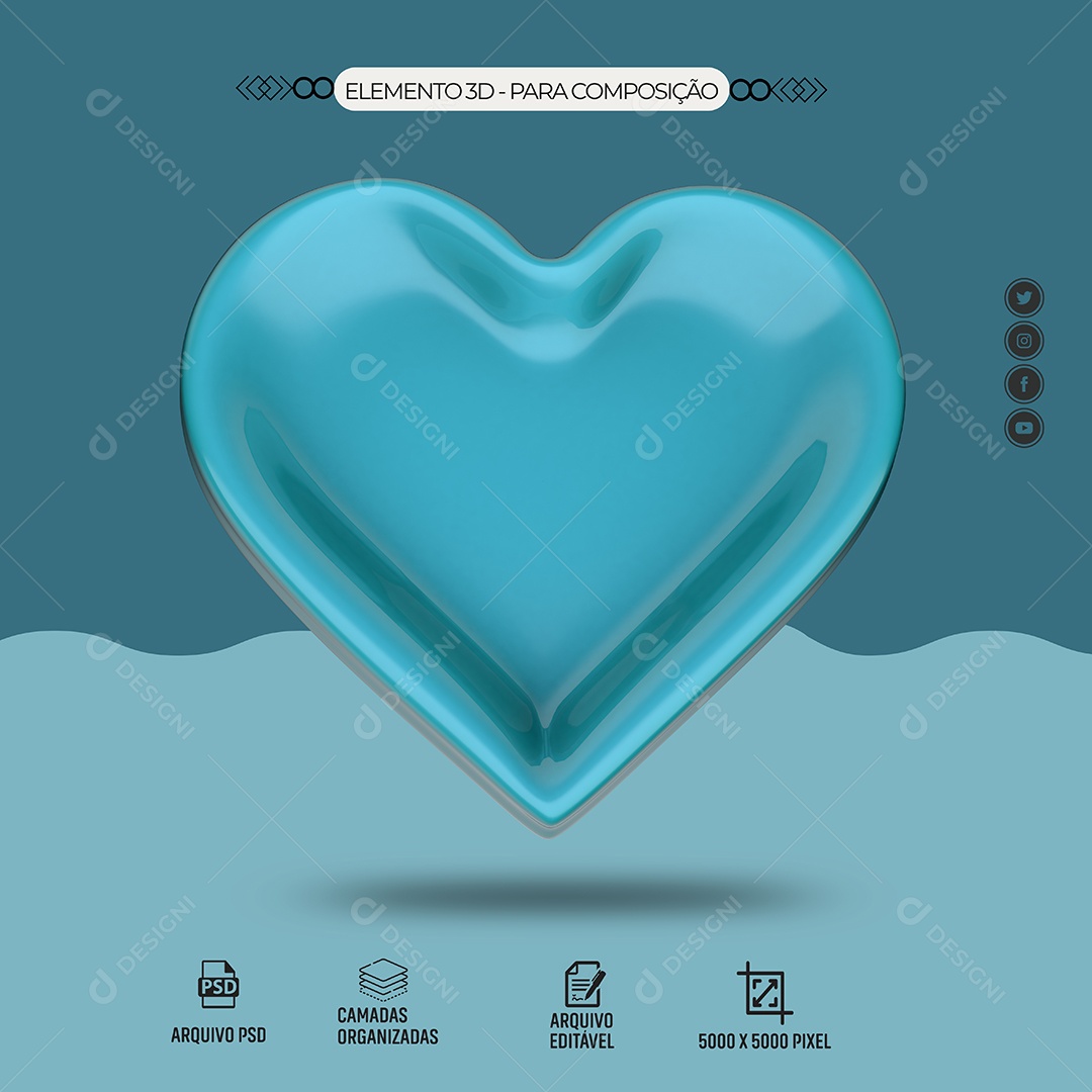Elemento 3D Coração Azul Para Composição PSD