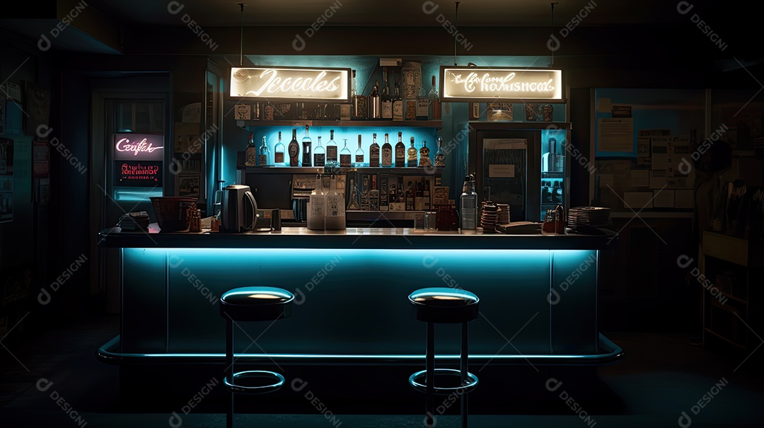 Ilustração de um bar com luzes neon