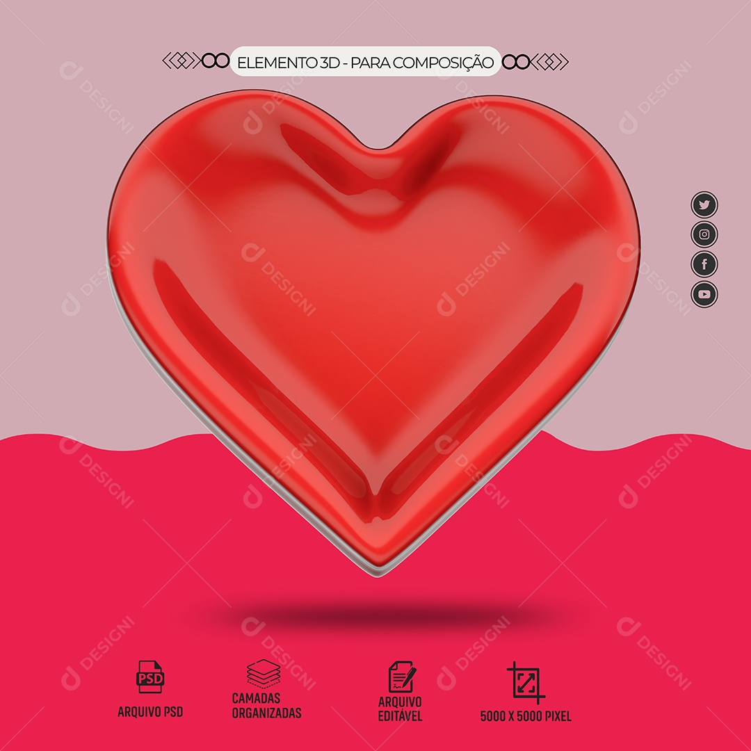 Elemento 3D Coração Vermelho Para Composição PSD