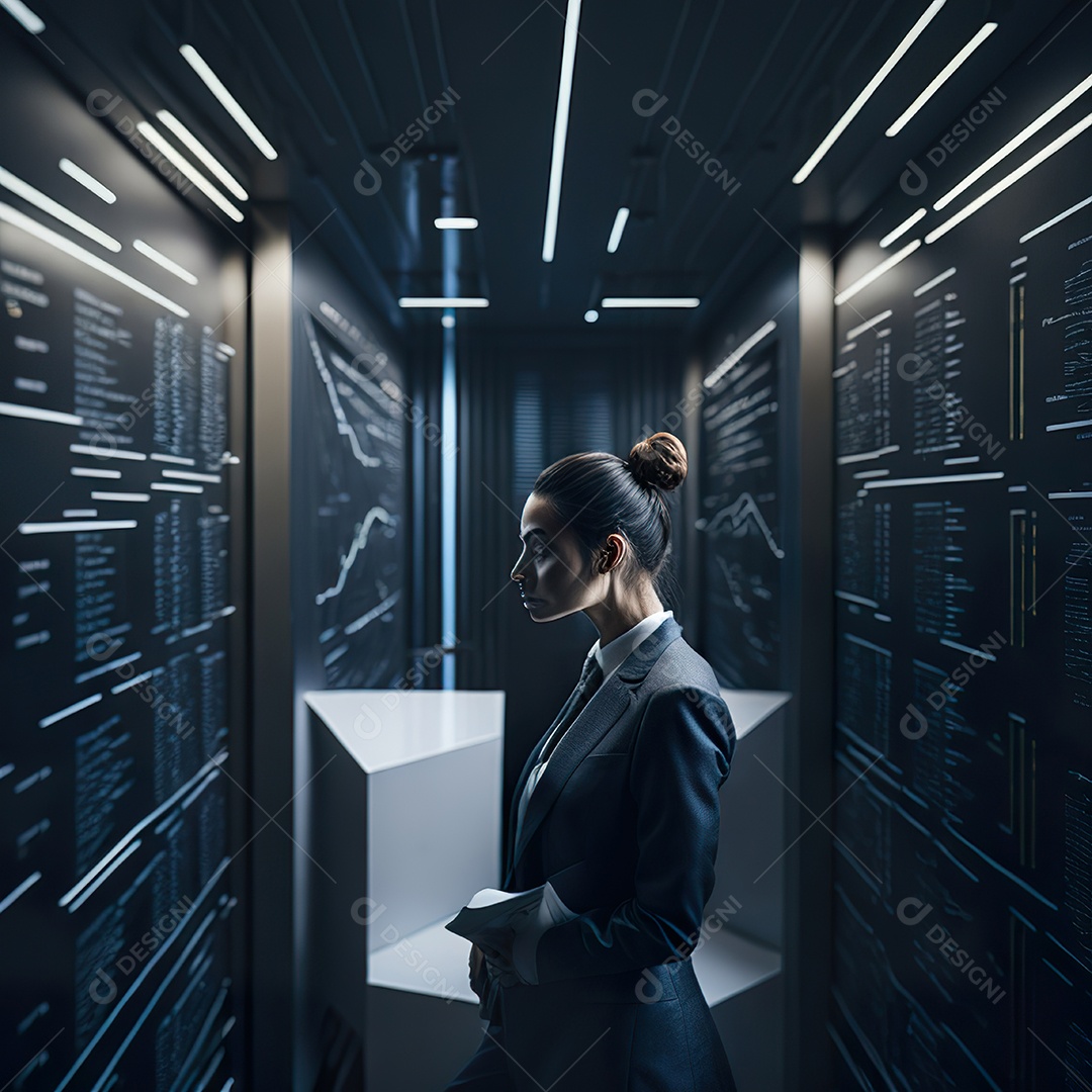 Mulher de terno branco analisando ações