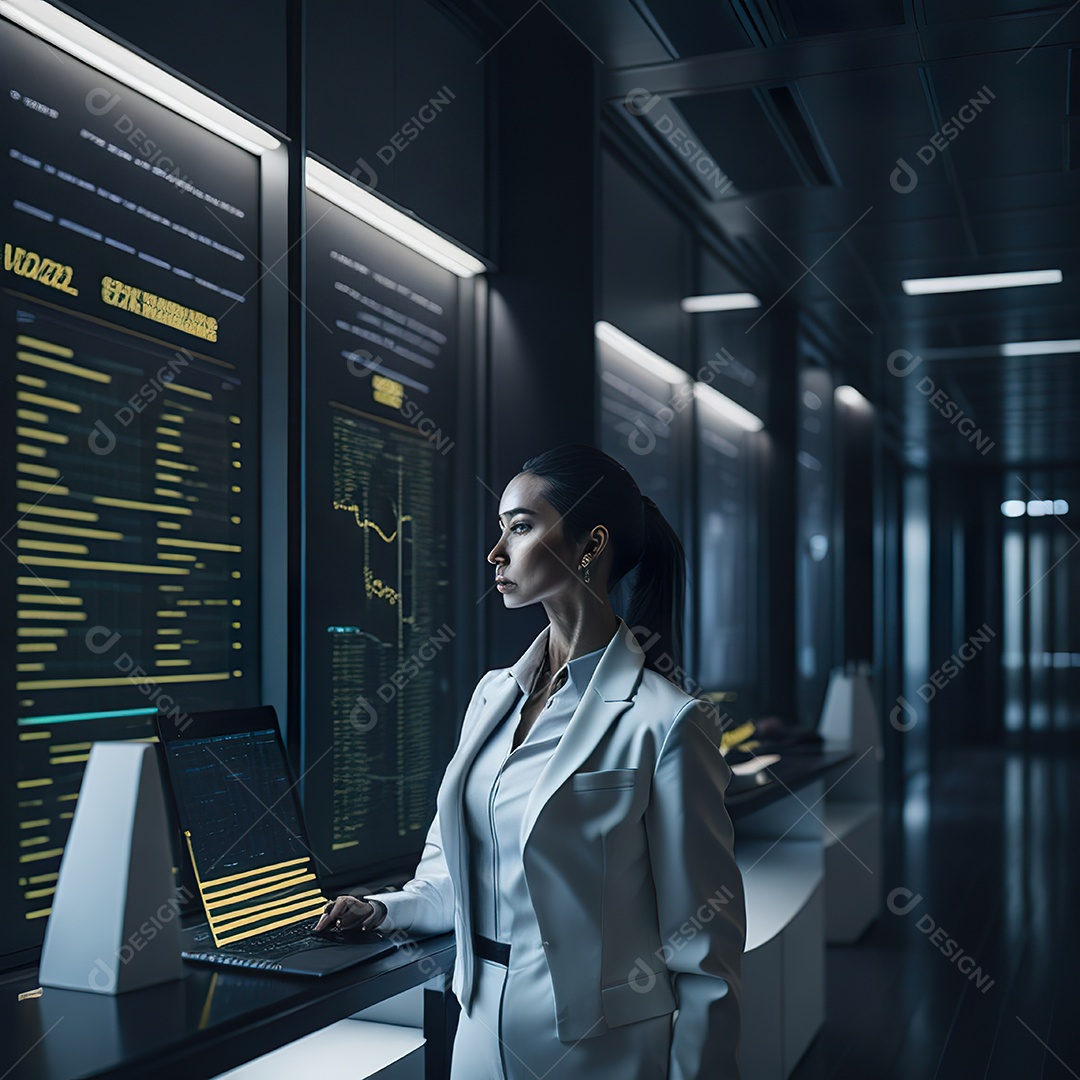 Mulher de terno branco analisando ações