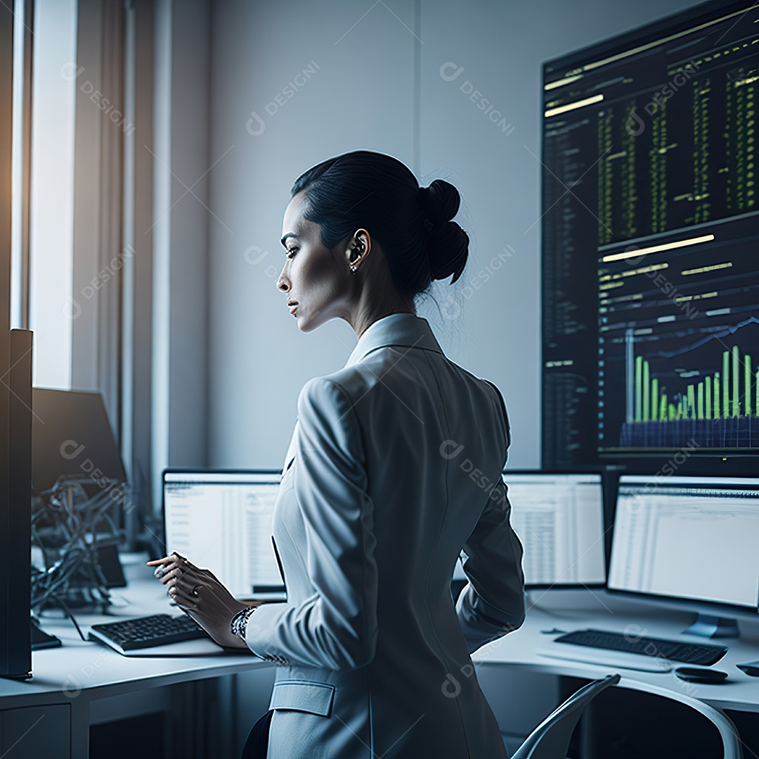 Mulher de terno branco analisando ações