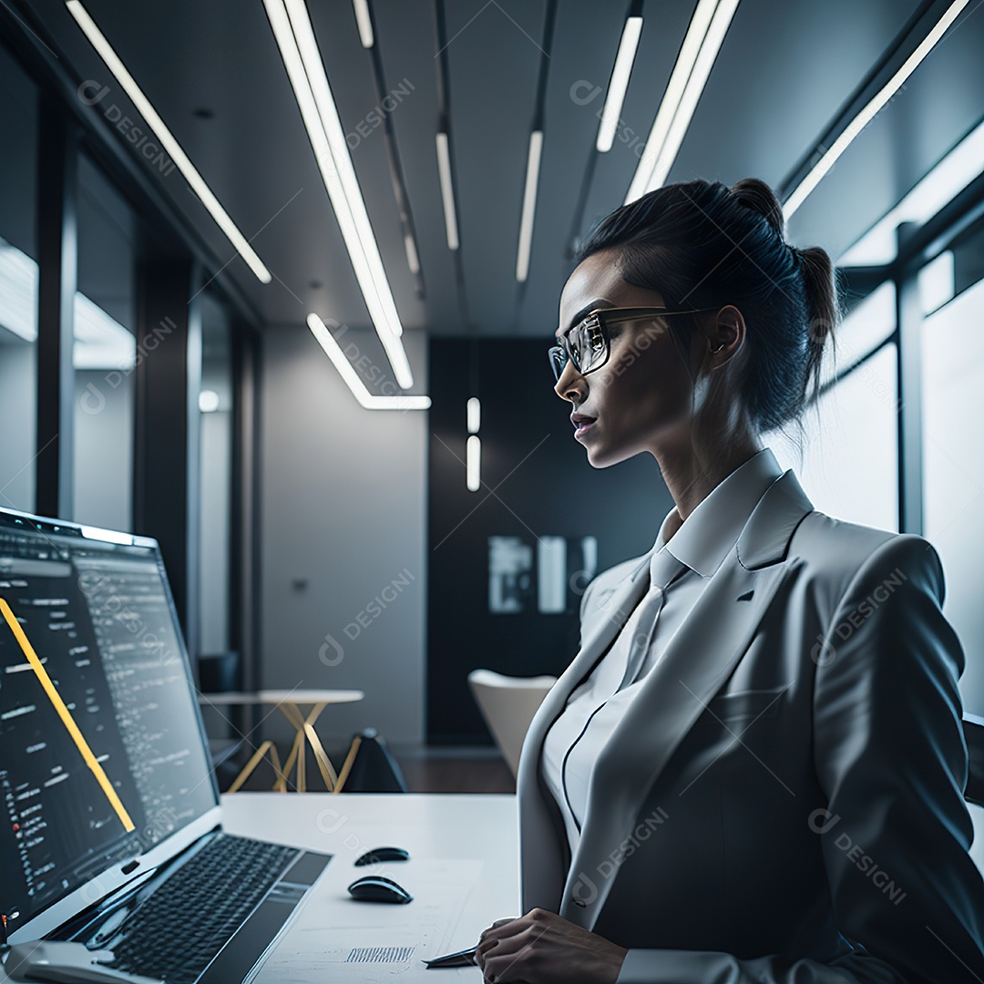 Mulher de terno branco analisando ações