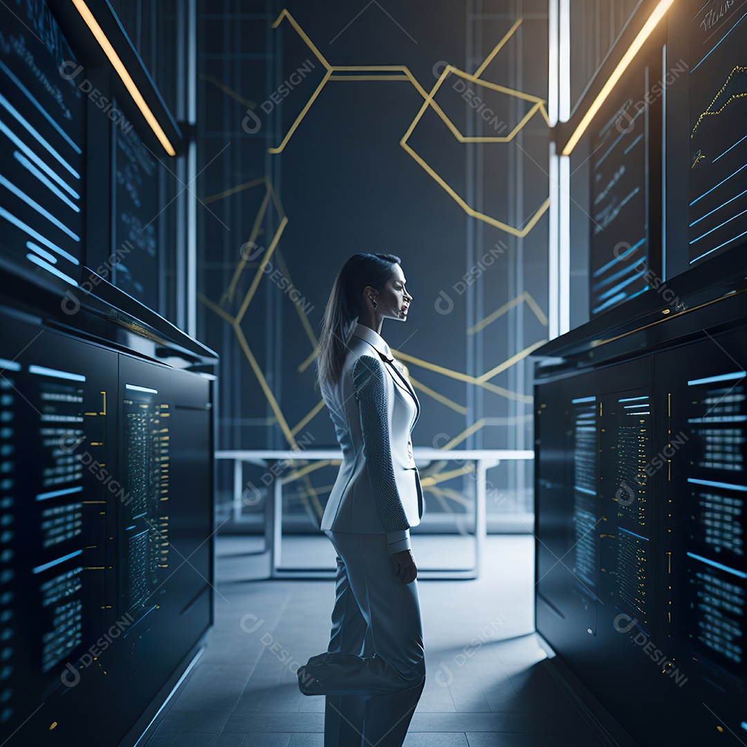 Mulher de terno branco analisando ações