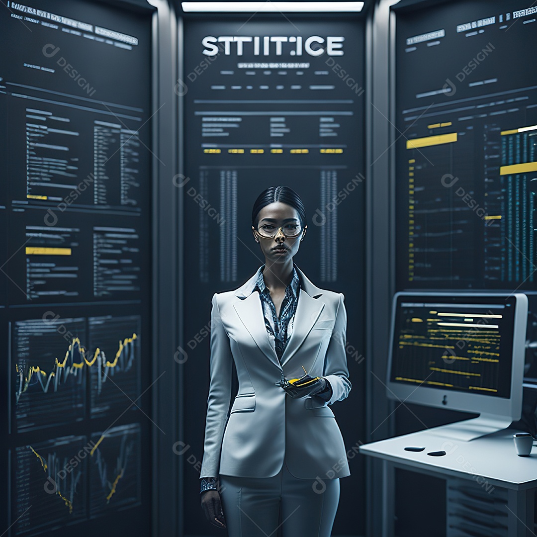 Mulher de terno branco analisando ações