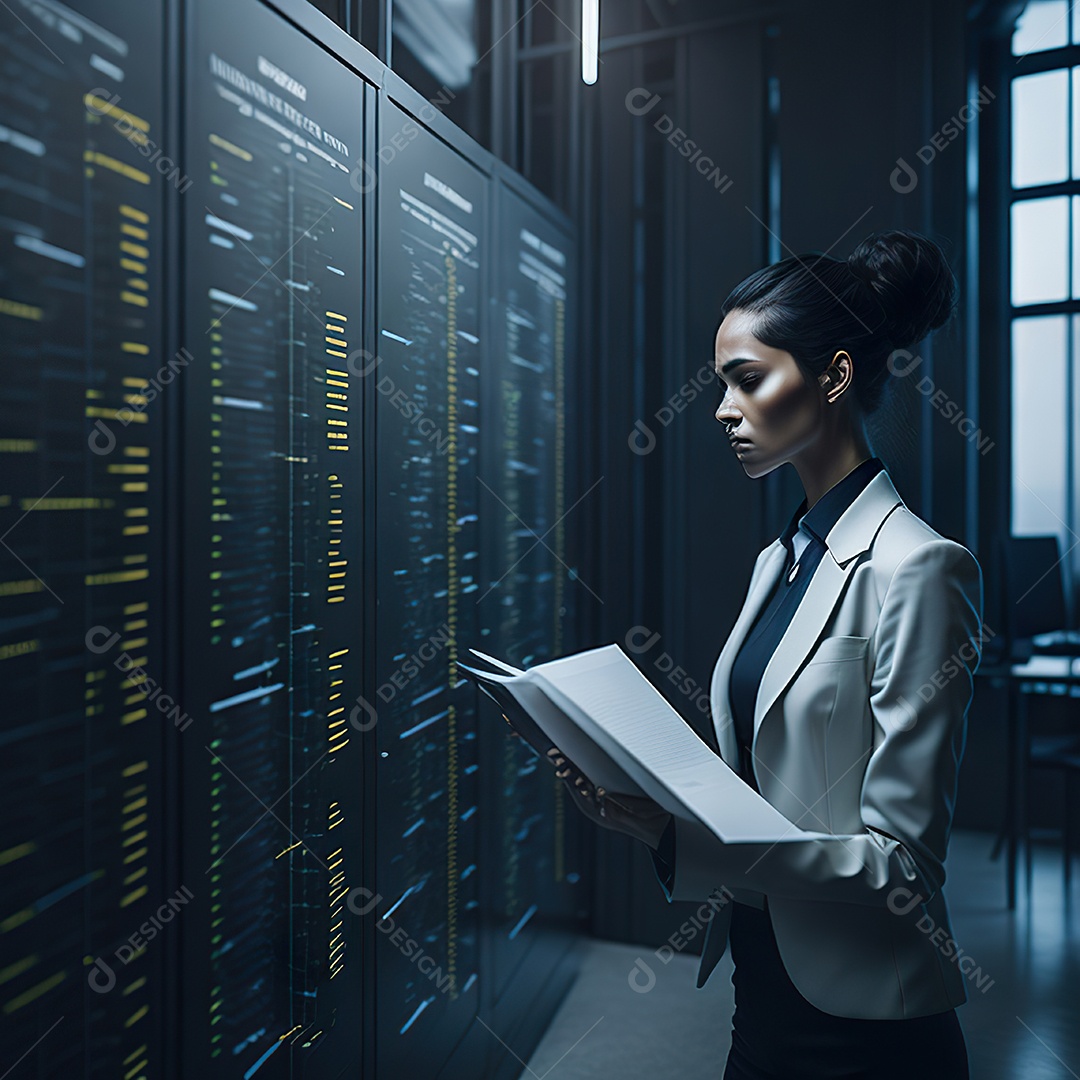 Mulher de terno branco analisando ações