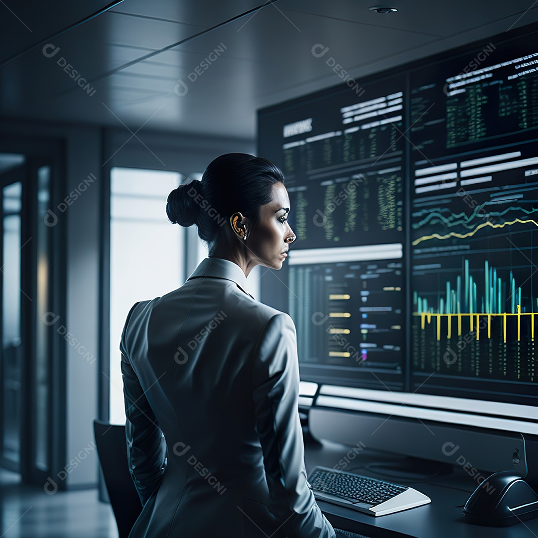 Mulher de terno branco analisando ações