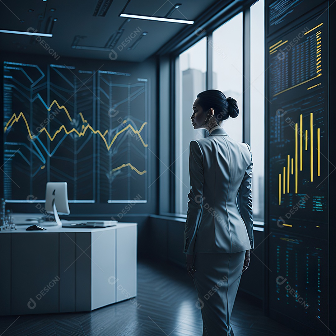 Mulher de terno branco analisando ações