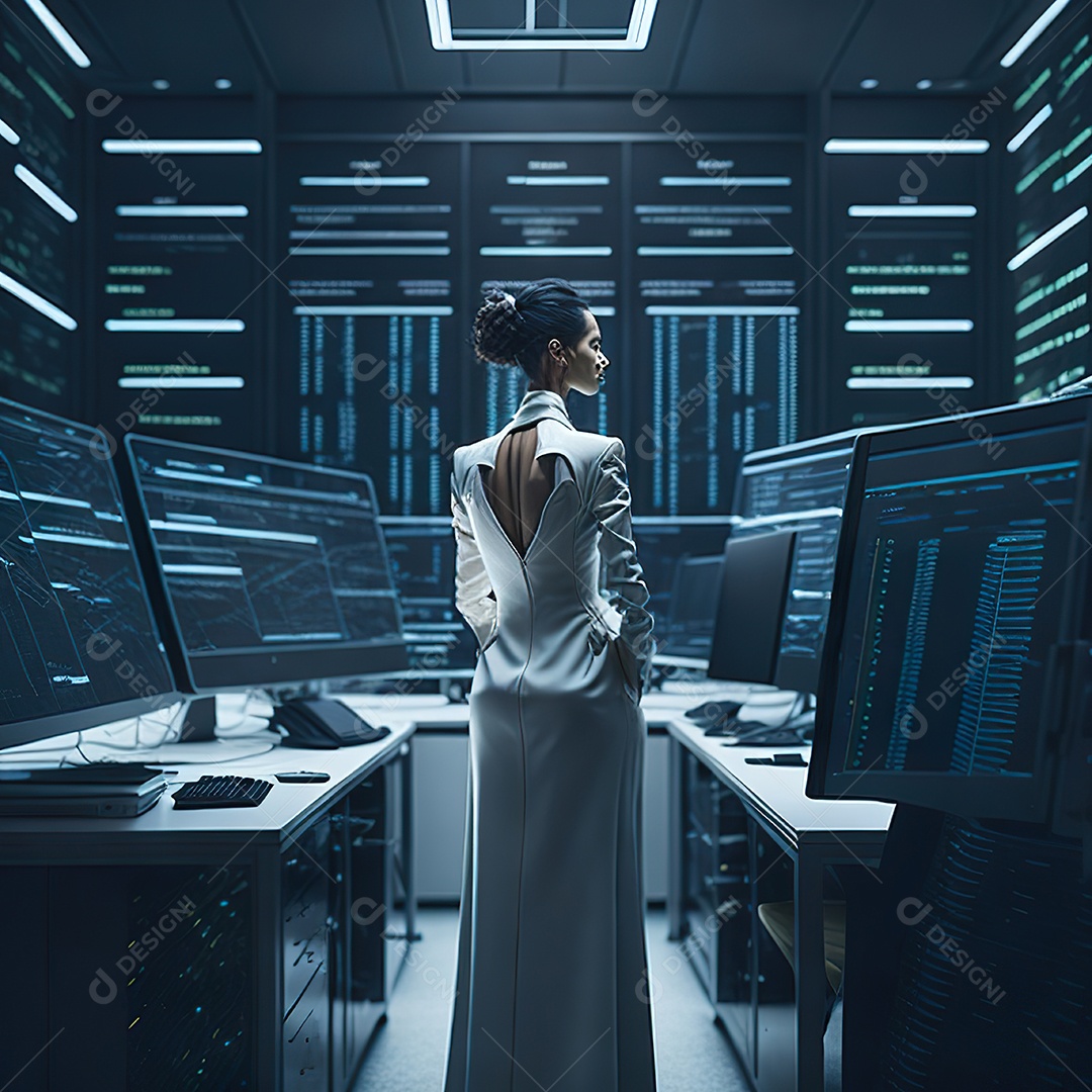 Mulher de terno branco analisando ações