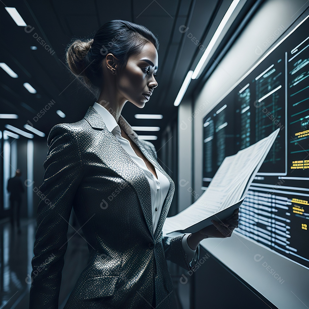 Mulher de terno branco analisando ações