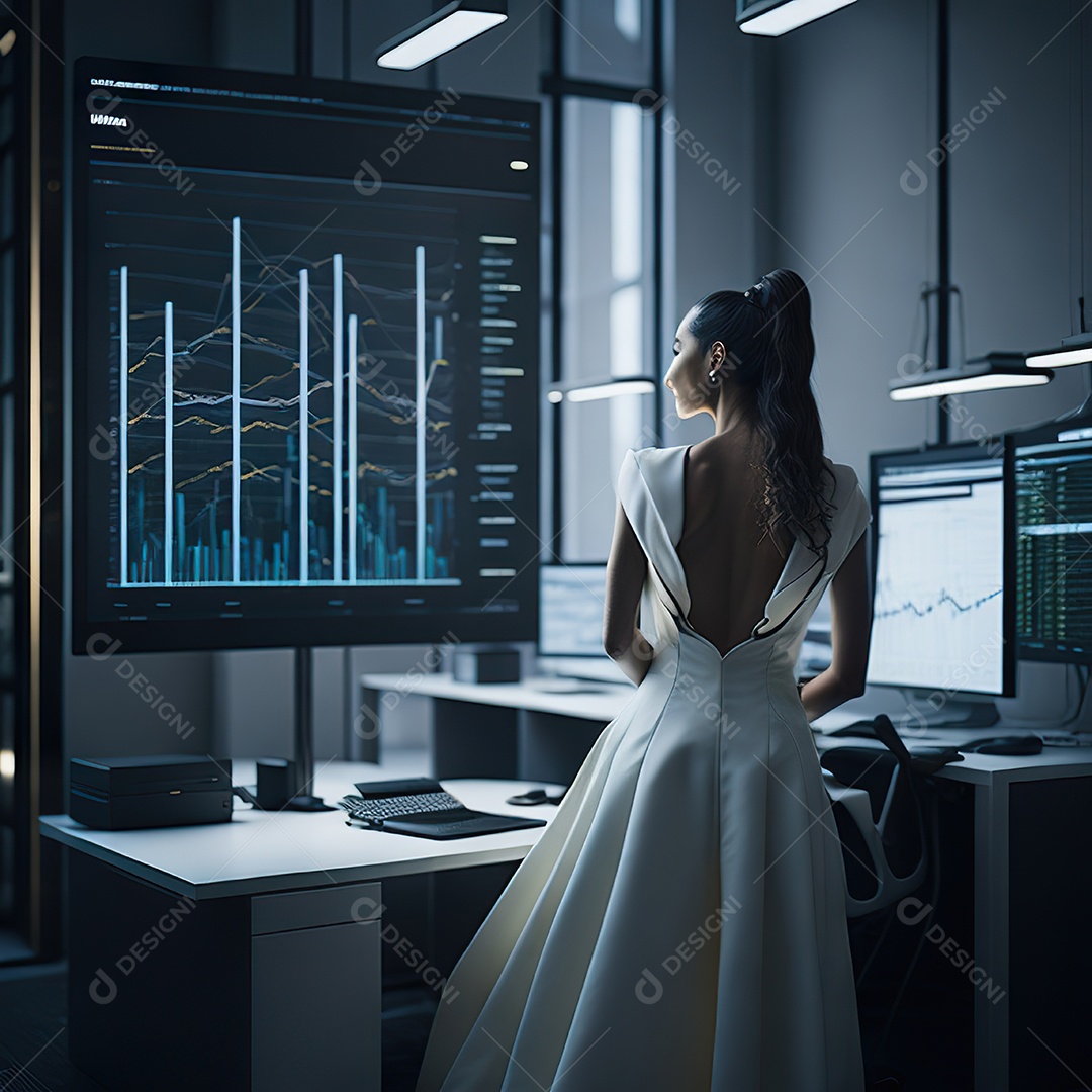 Mulher de terno branco analisando ações