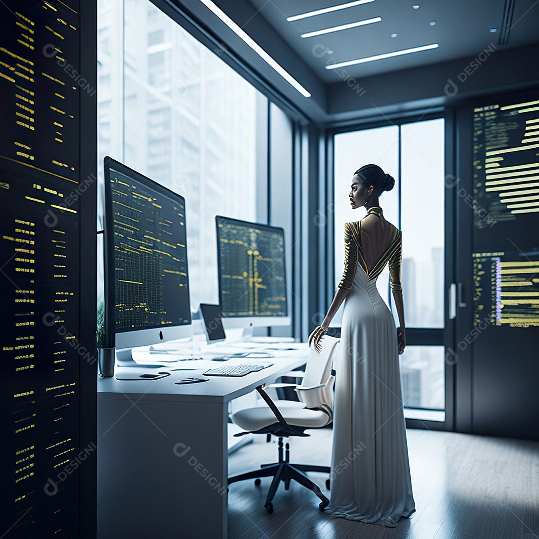 Mulher de terno branco analisando ações