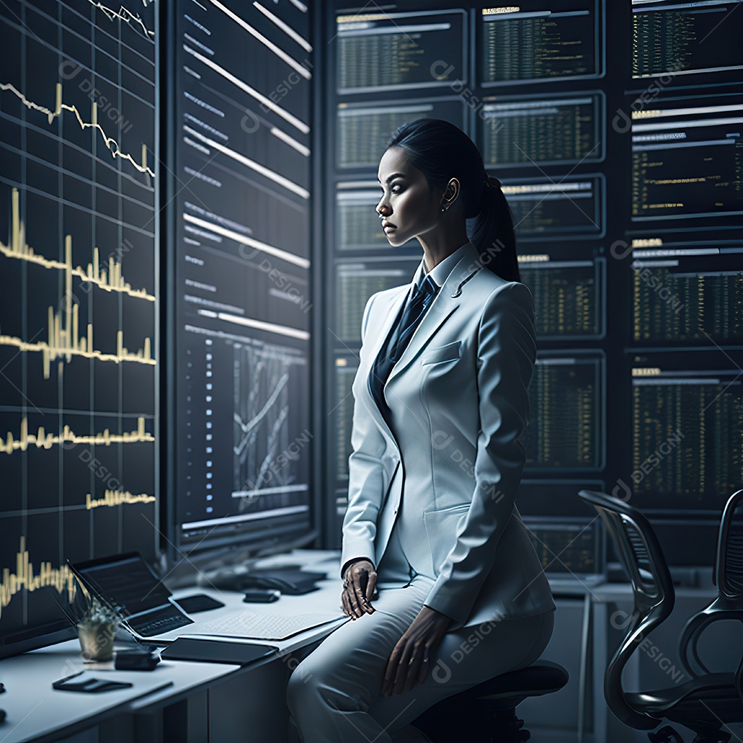 Mulher de terno branco analisando ações