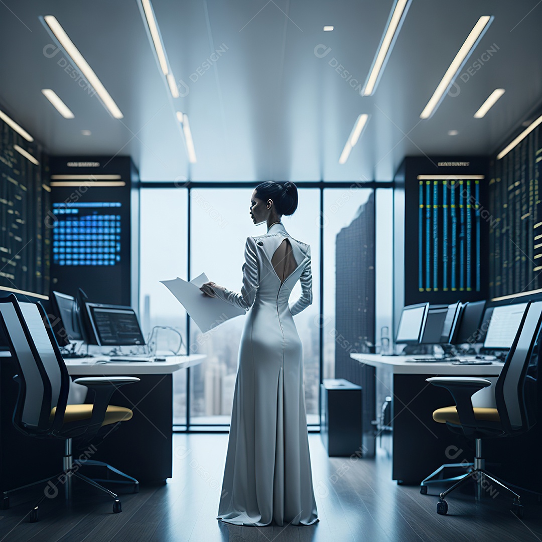 Mulher de terno branco analisando ações