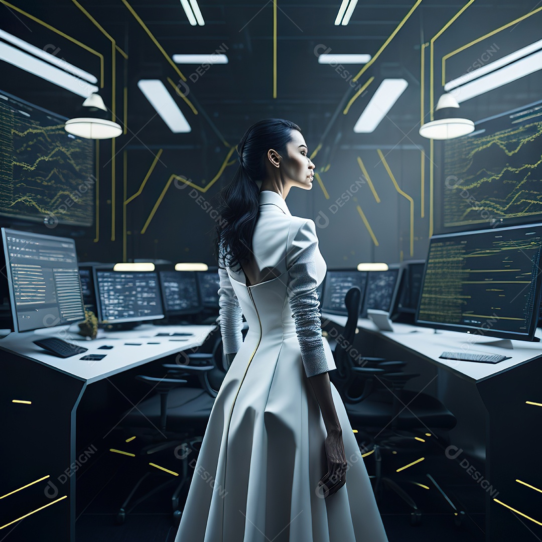 Mulher de terno branco analisando ações