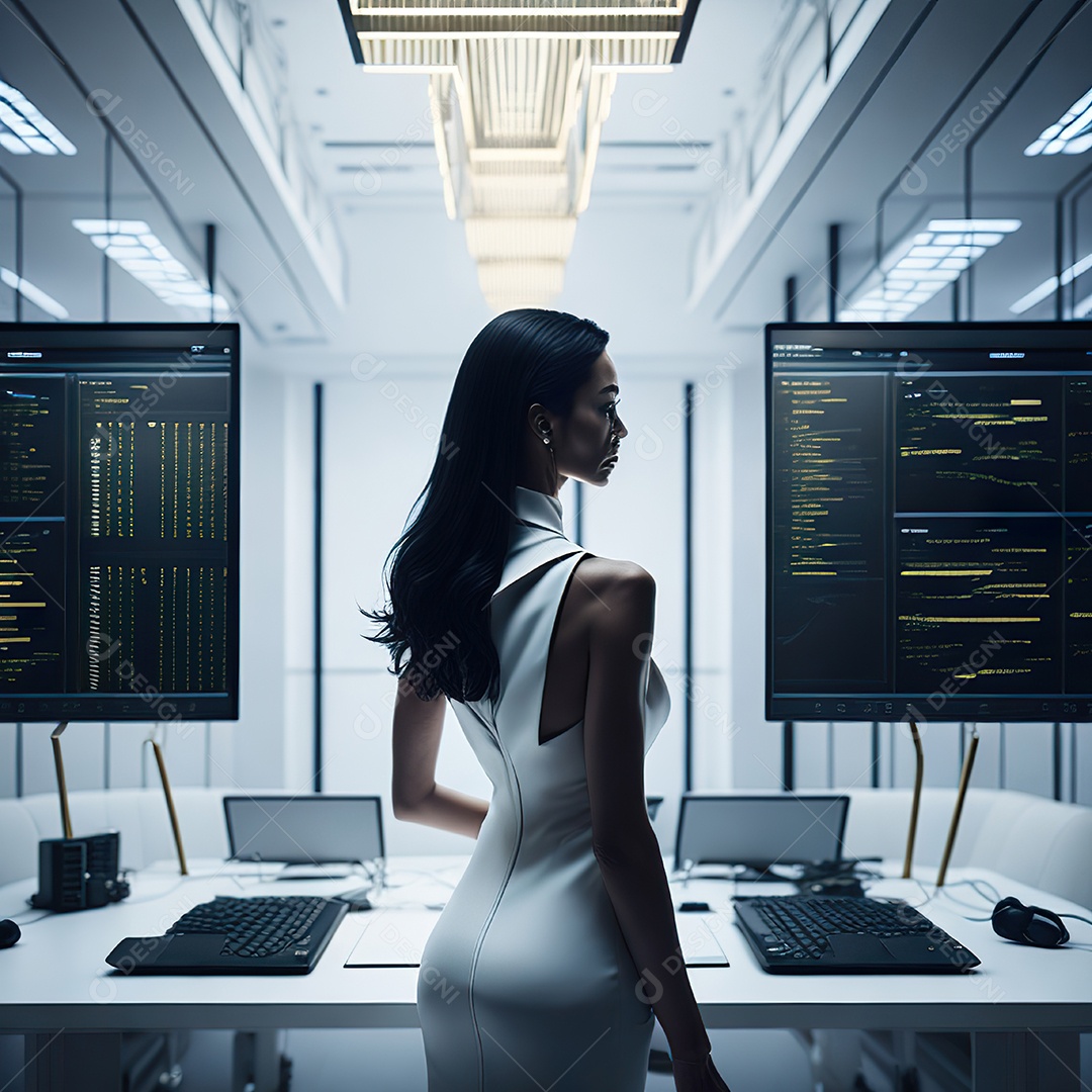 Mulher de terno branco analisando ações