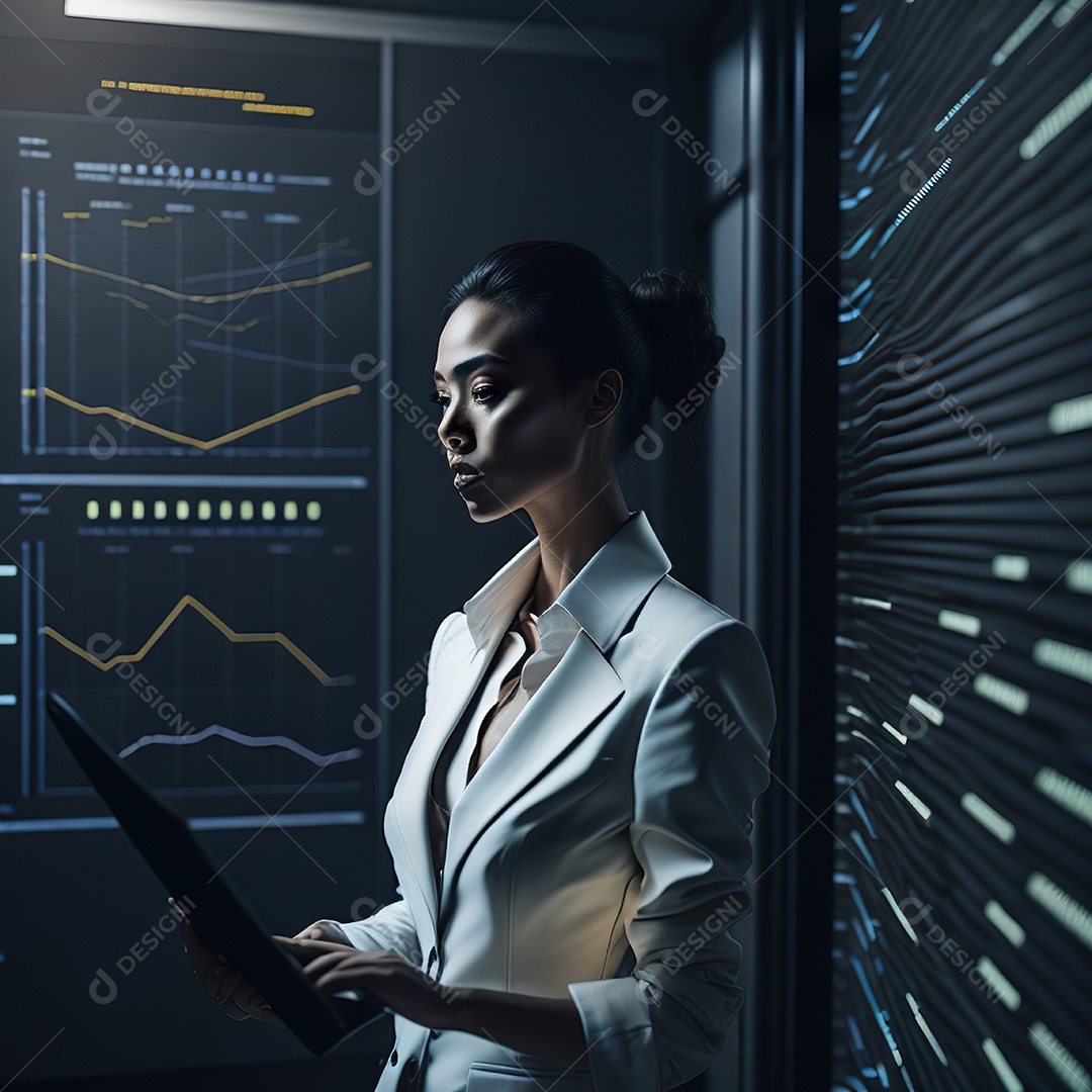 Mulher de terno branco analisando ações