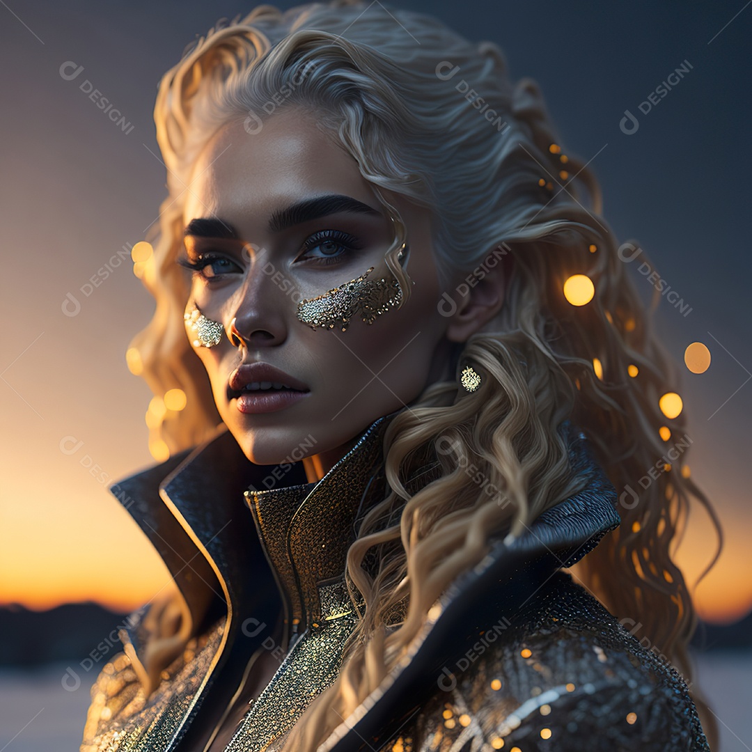 Retrato realista de Mulher com cabelos longos e cacheados