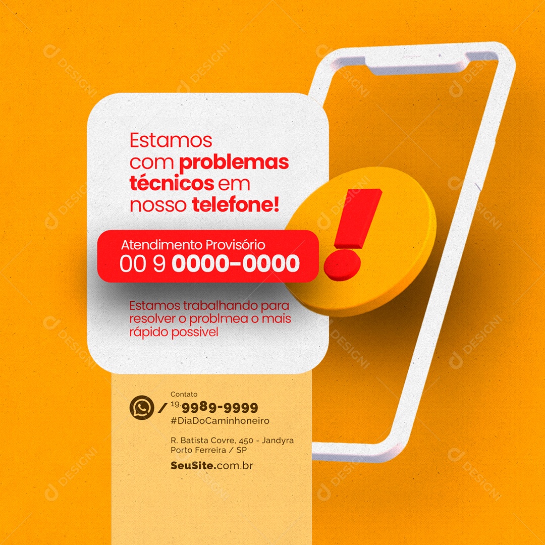 Estamos Com Problemas Técnicos Em Nosso Telefone Aviso Social Media PSD Editável