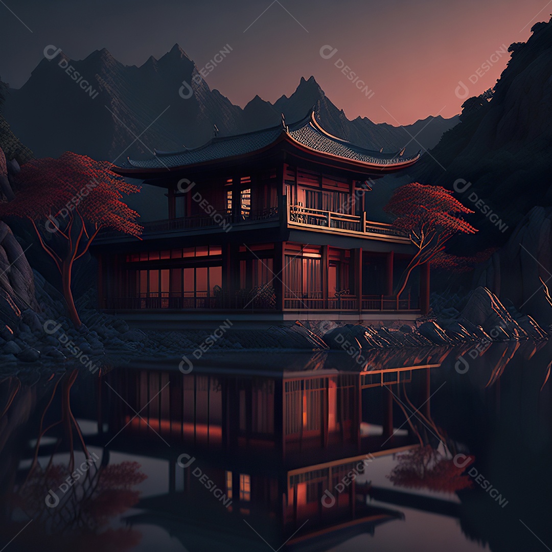 Villa chinesa cercada por água e natureza