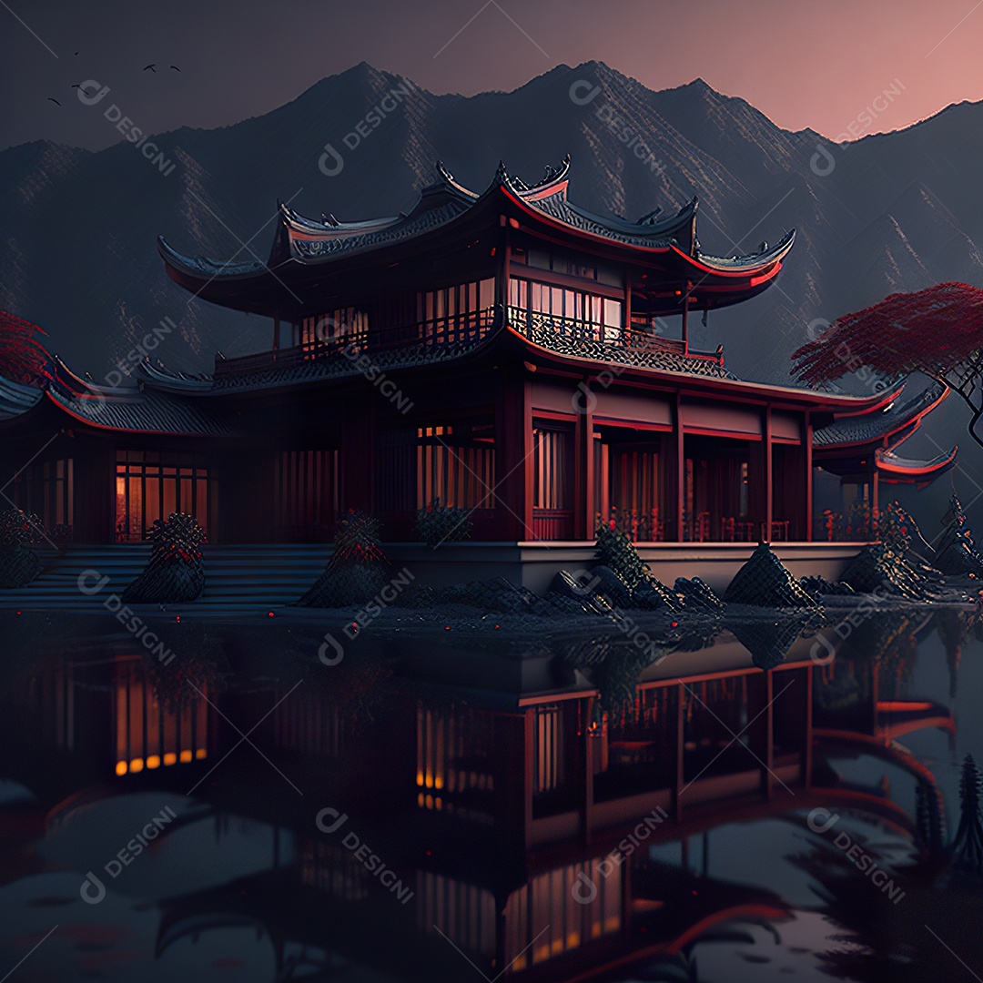 Villa chinesa cercada por água e natureza