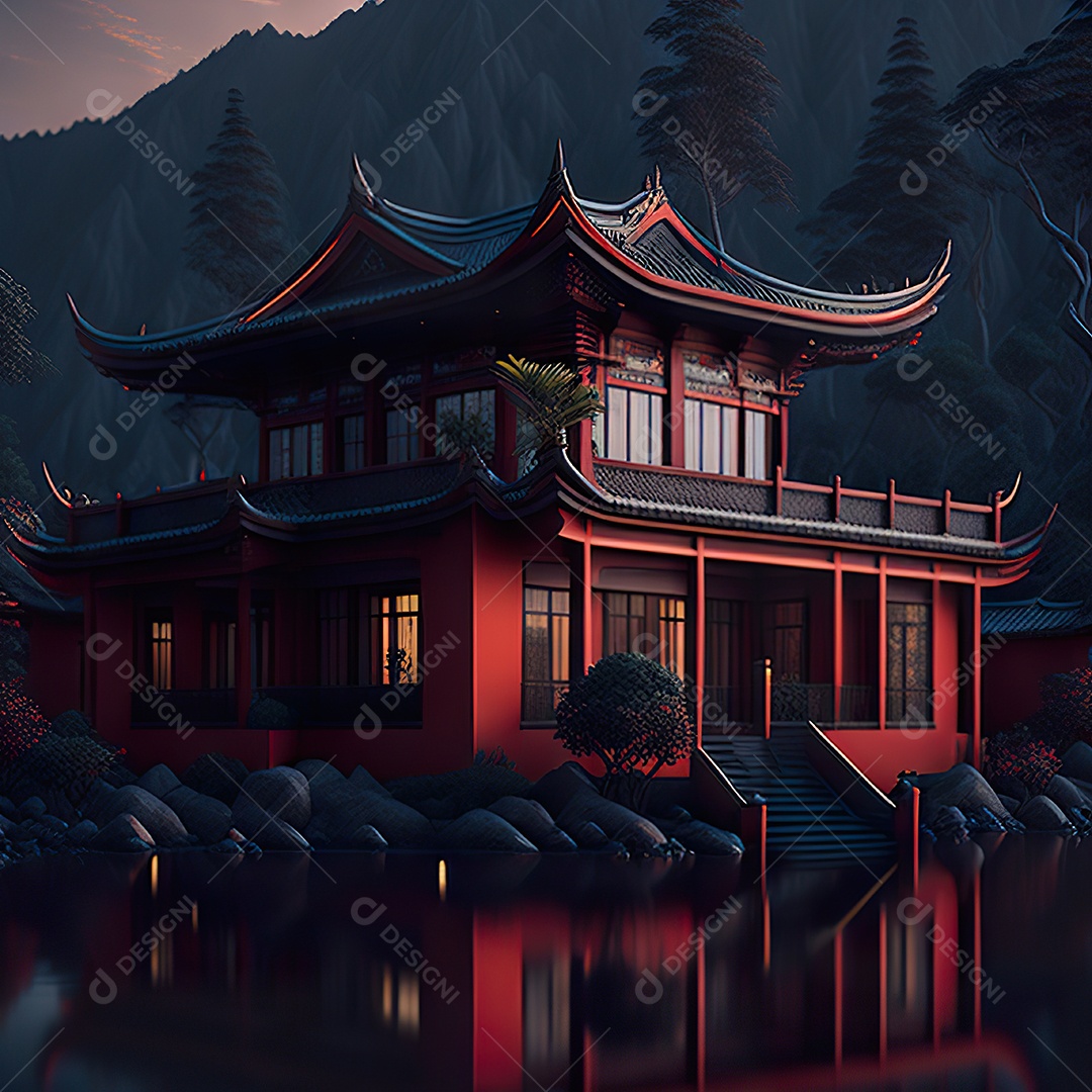 Villa chinesa cercada por água e natureza