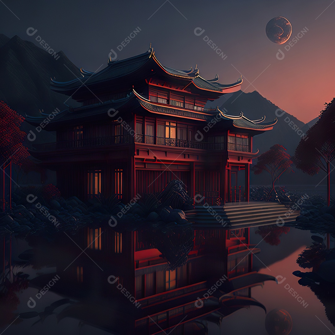 Villa chinesa cercada por água e natureza