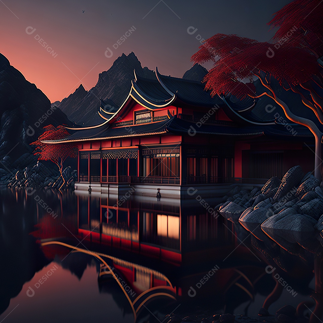 Villa chinesa cercada por água e natureza