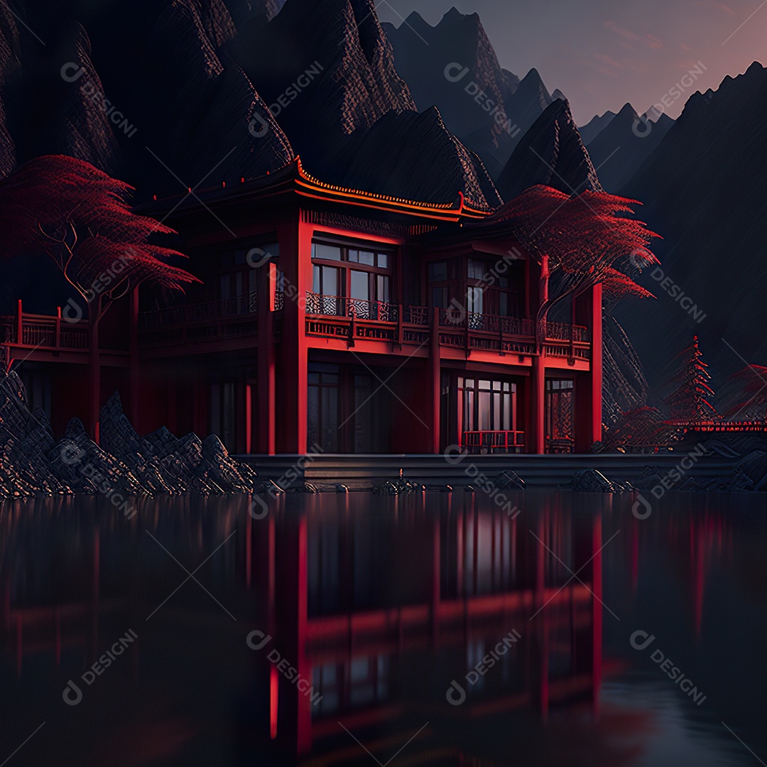 Villa chinesa cercada por água e natureza