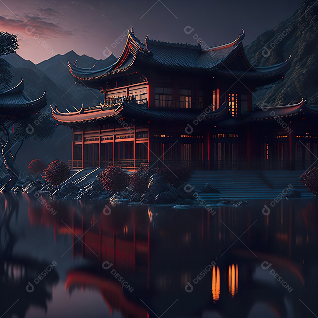 Villa chinesa cercada por água e natureza