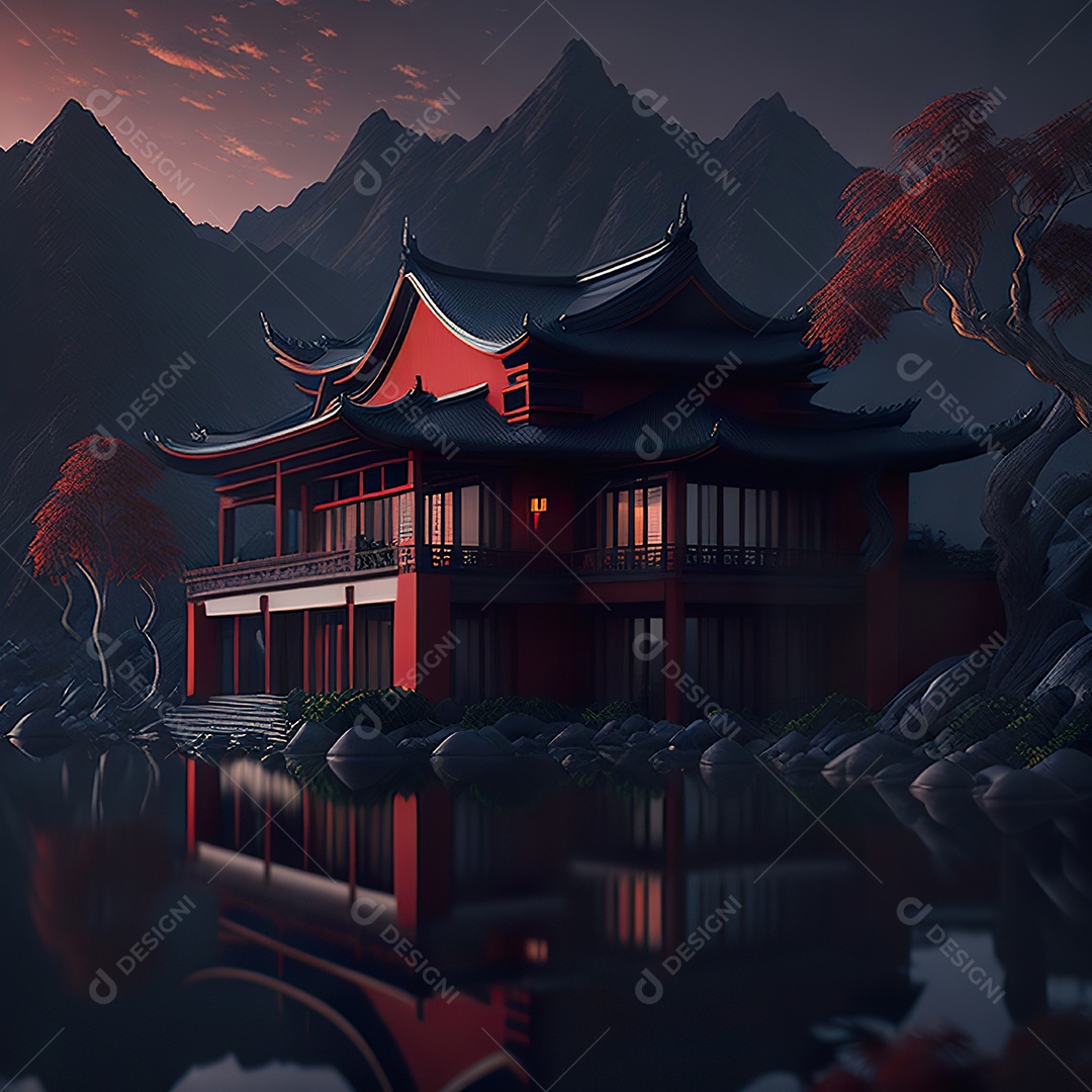 Villa chinesa cercada por água e natureza