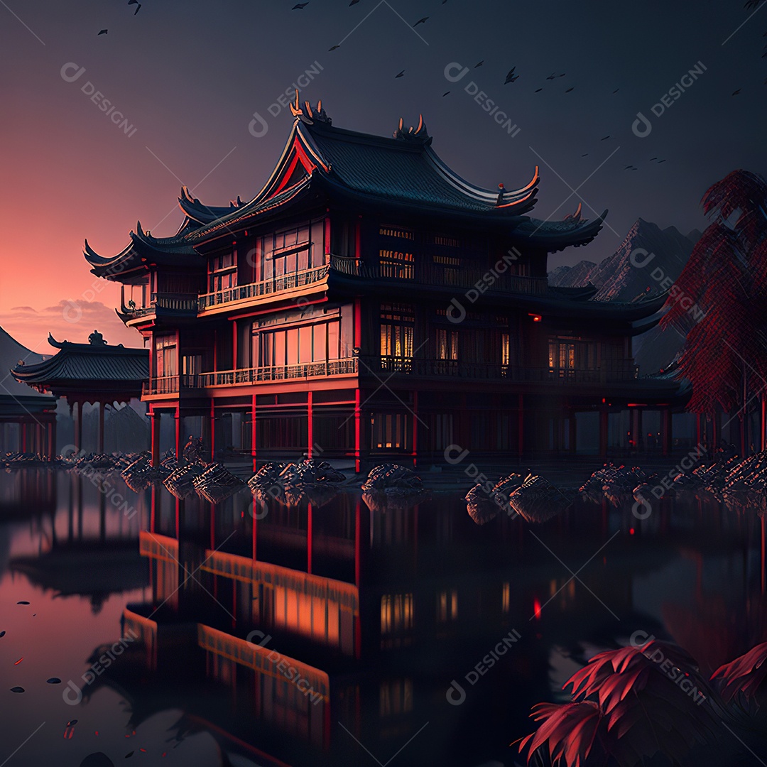 Villa chinesa cercada por água e natureza