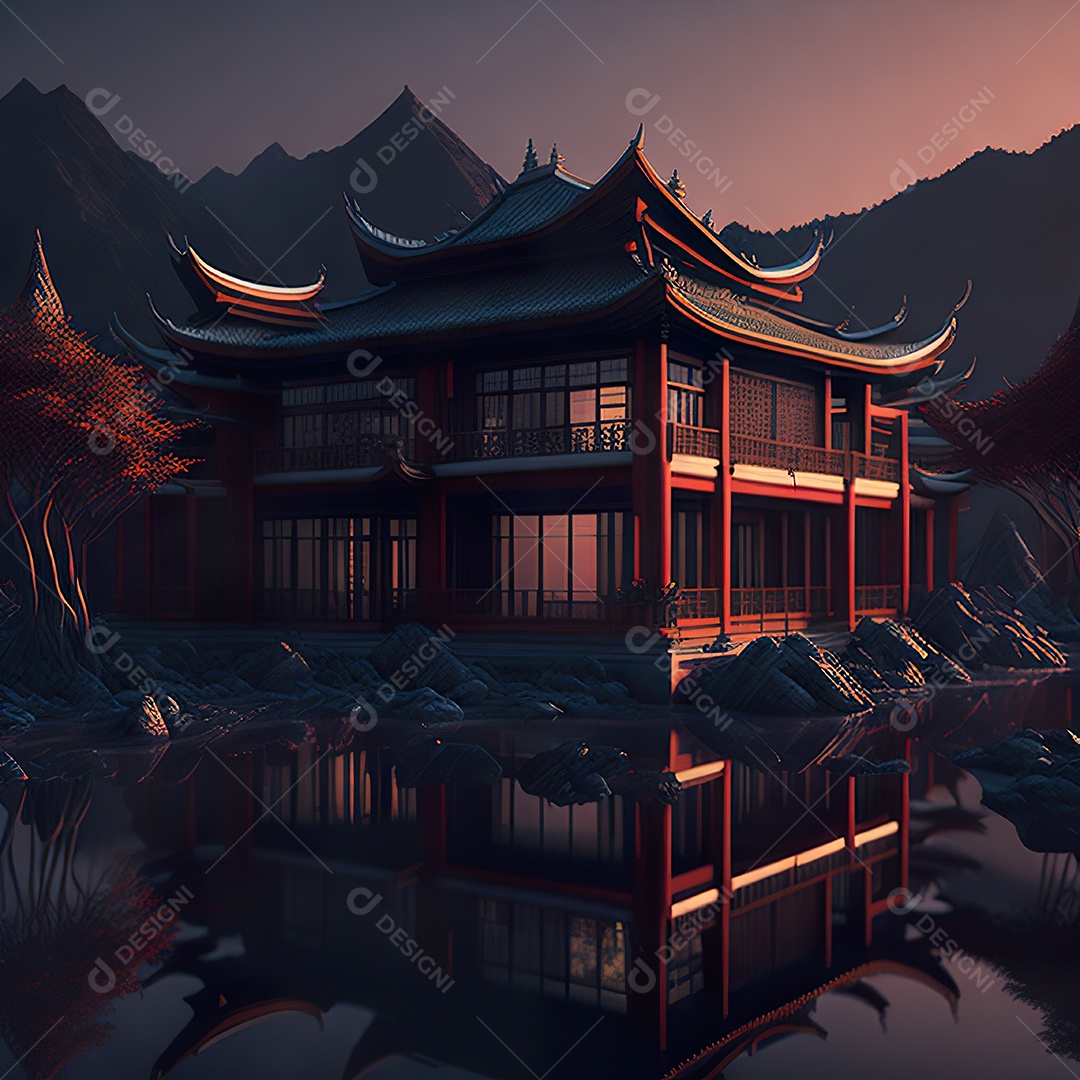 Villa chinesa cercada por água e natureza