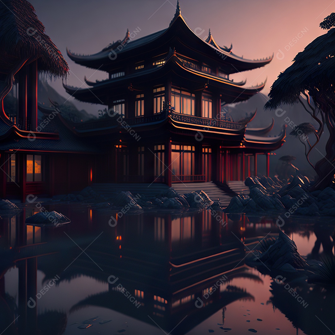 Villa chinesa cercada por água e natureza