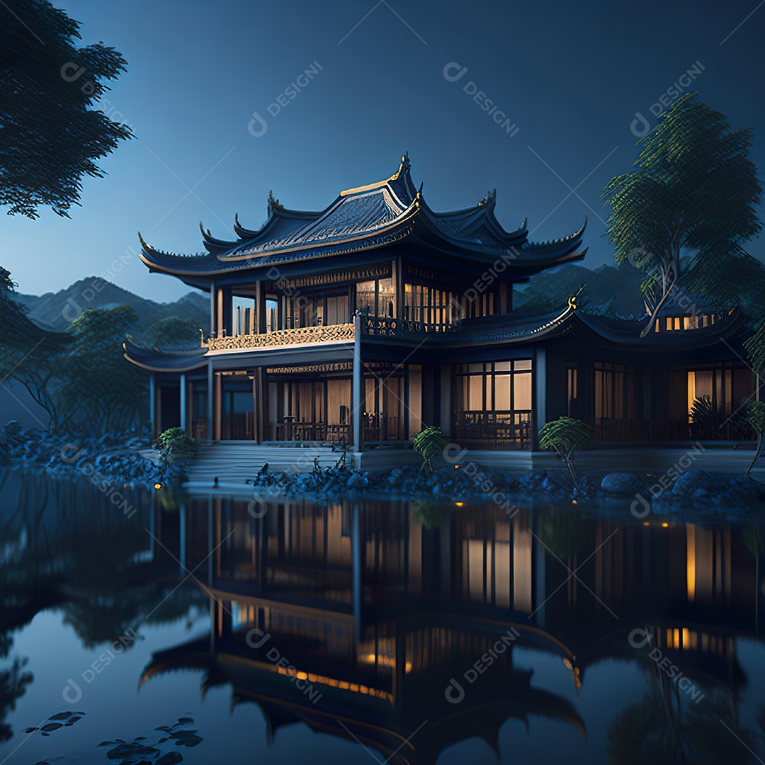 Villa chinesa cercada por água e natureza