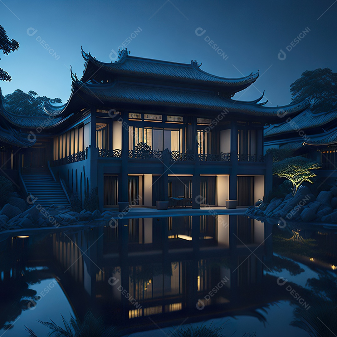 Villa chinesa cercada por água e natureza