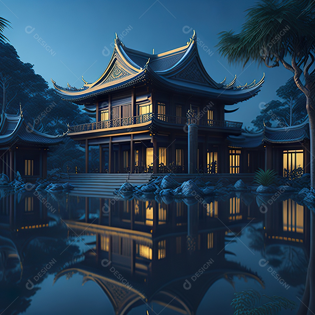 Villa chinesa cercada por água e natureza
