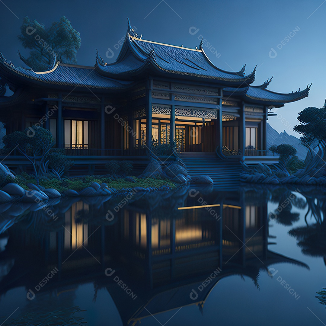 Villa chinesa cercada por água e natureza