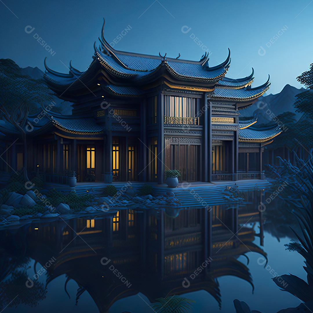 Villa chinesa cercada por água e natureza