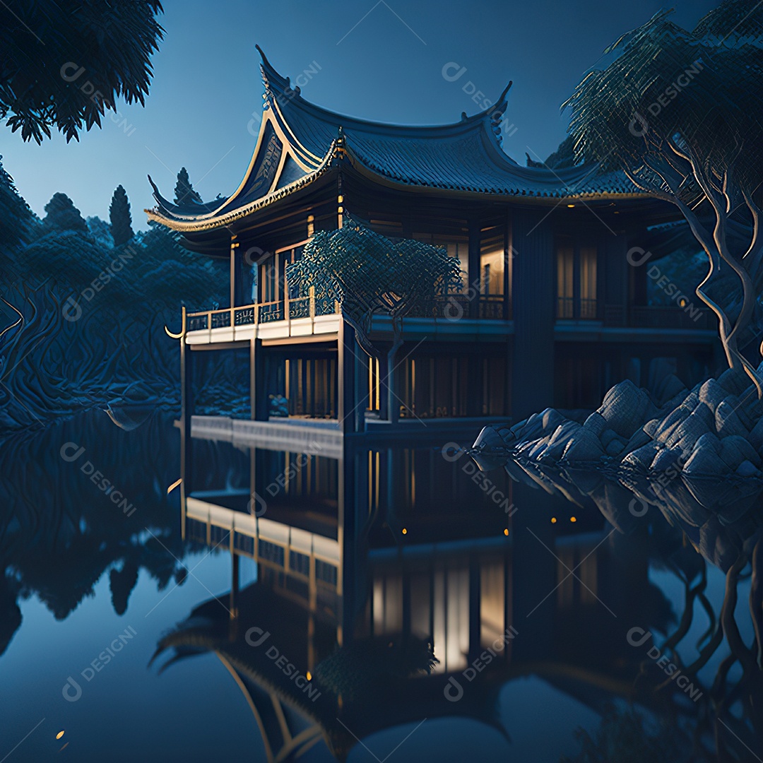 Villa chinesa cercada por água e natureza