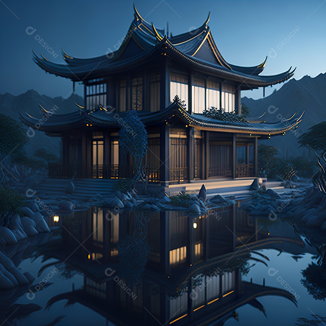 Villa chinesa cercada por água e natureza