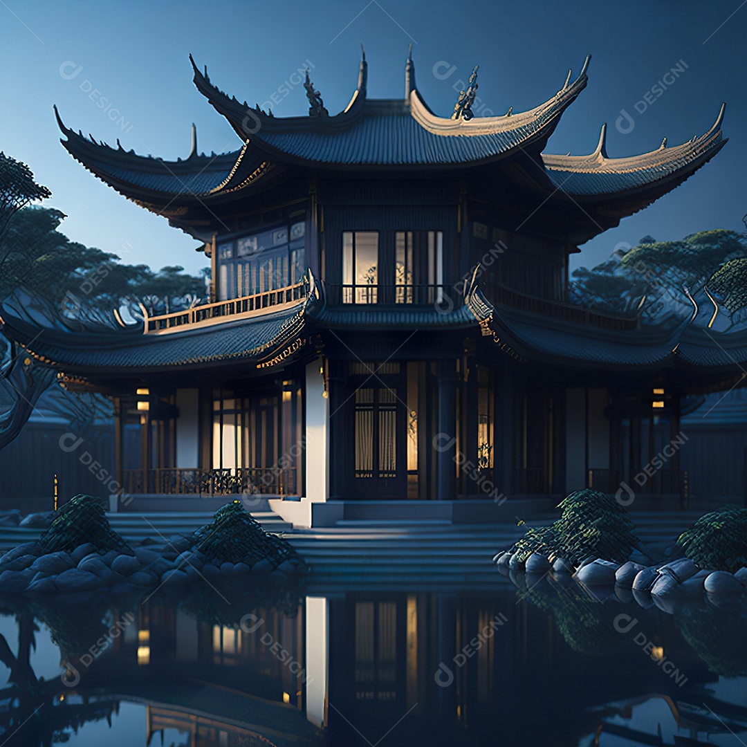 Villa chinesa cercada por água e natureza