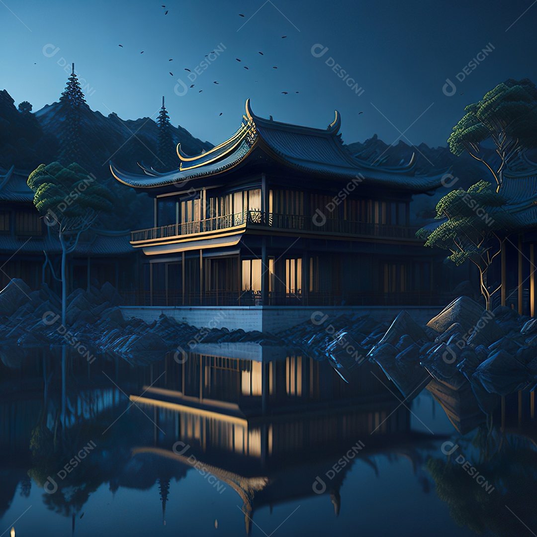 Villa chinesa cercada por água e natureza